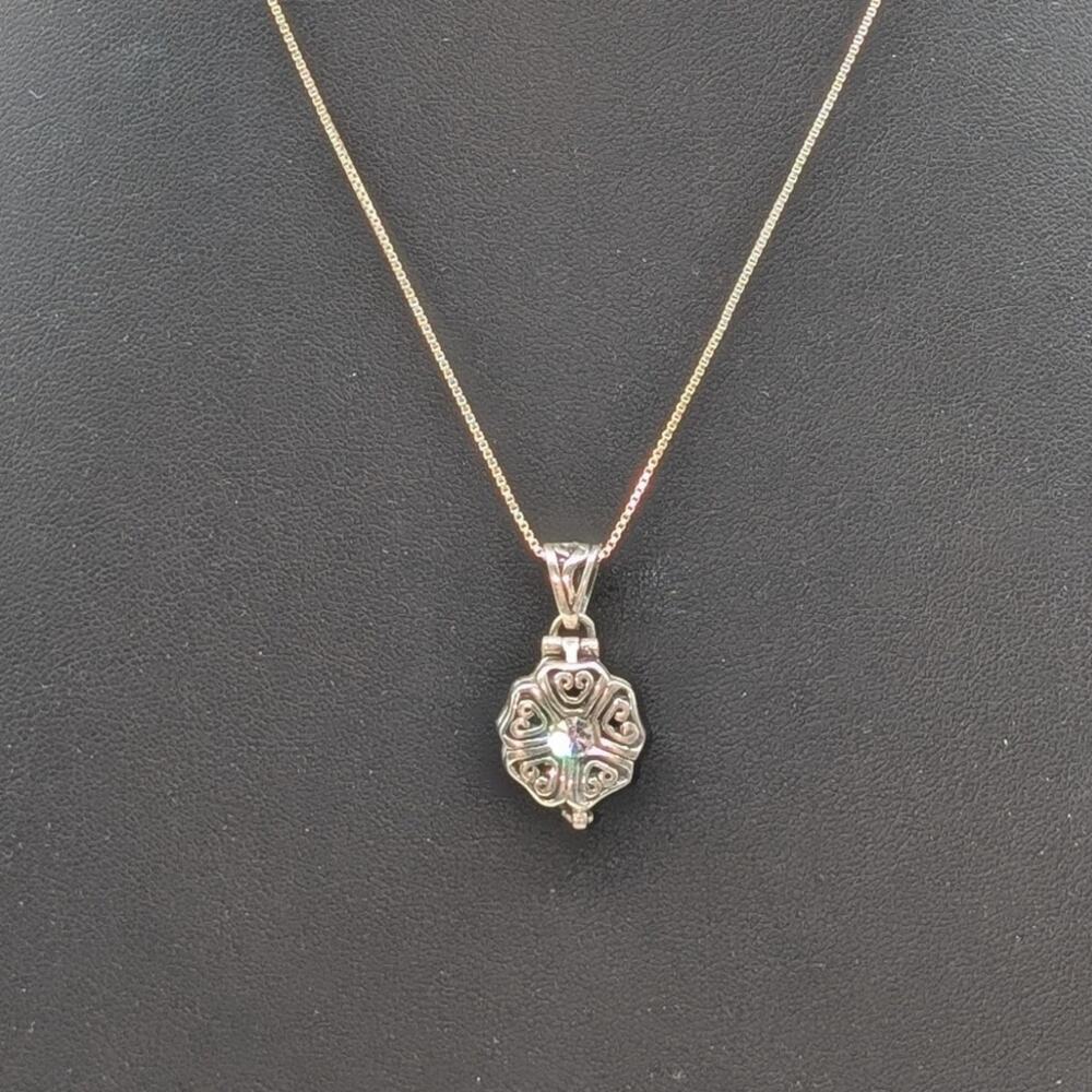 925 Sterling Silver CZ Vintage Locket Charm Pendant Box 17.75" Chain Necklace